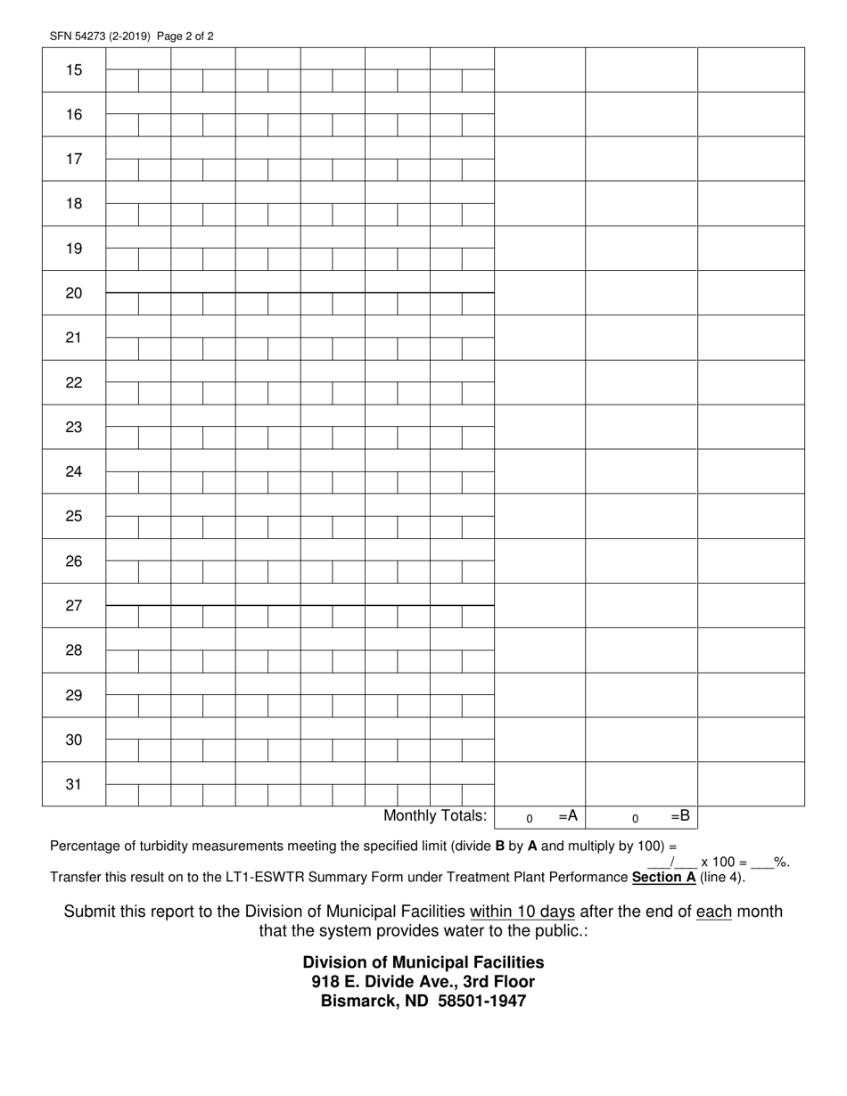 Form SFN54273 Combined Filter Effluent Turbidity Monitoring Data - North Dakota, Page 2