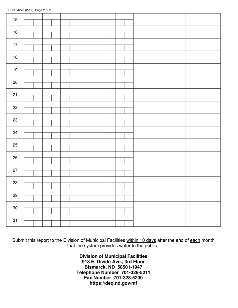 Form SFN54276 Point of Entry Disinfectant Residual Monitoring Data - North Dakota, Page 2