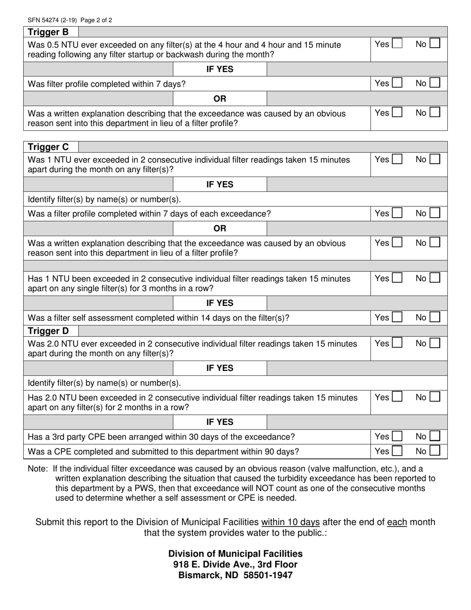 Form SFN54274 Individual Filter Turbidity Monitoring Data Summary - North Dakota, Page 2