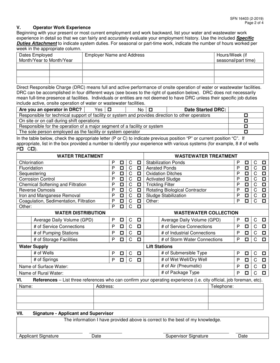 Form SFN16403 Application for Water and / or Wastewater Operator Certification Examination - North Dakota, Page 2