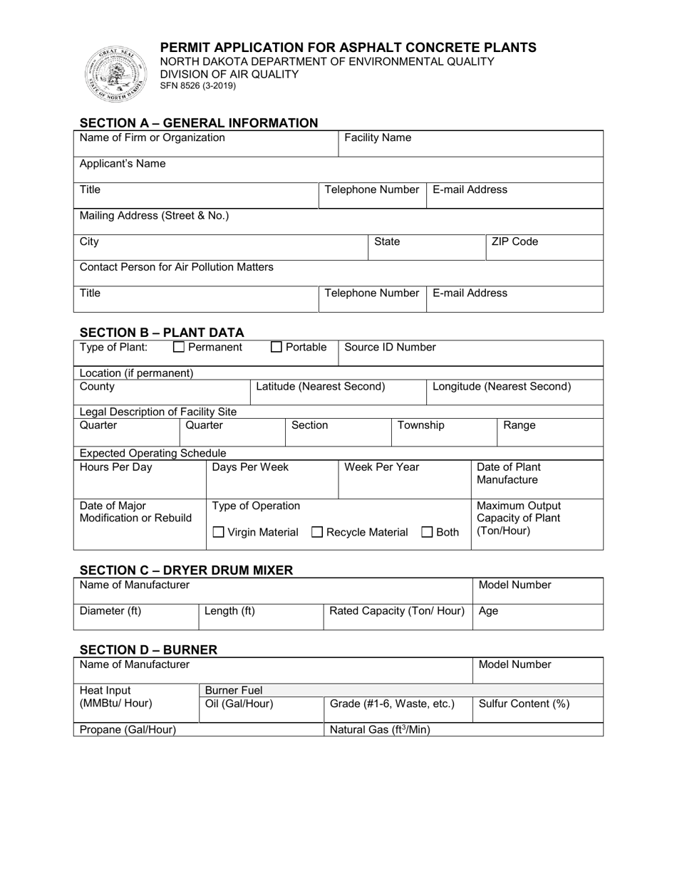 Form SFN8526 Permit Application for Asphalt Concrete Plants - North Dakota, Page 1