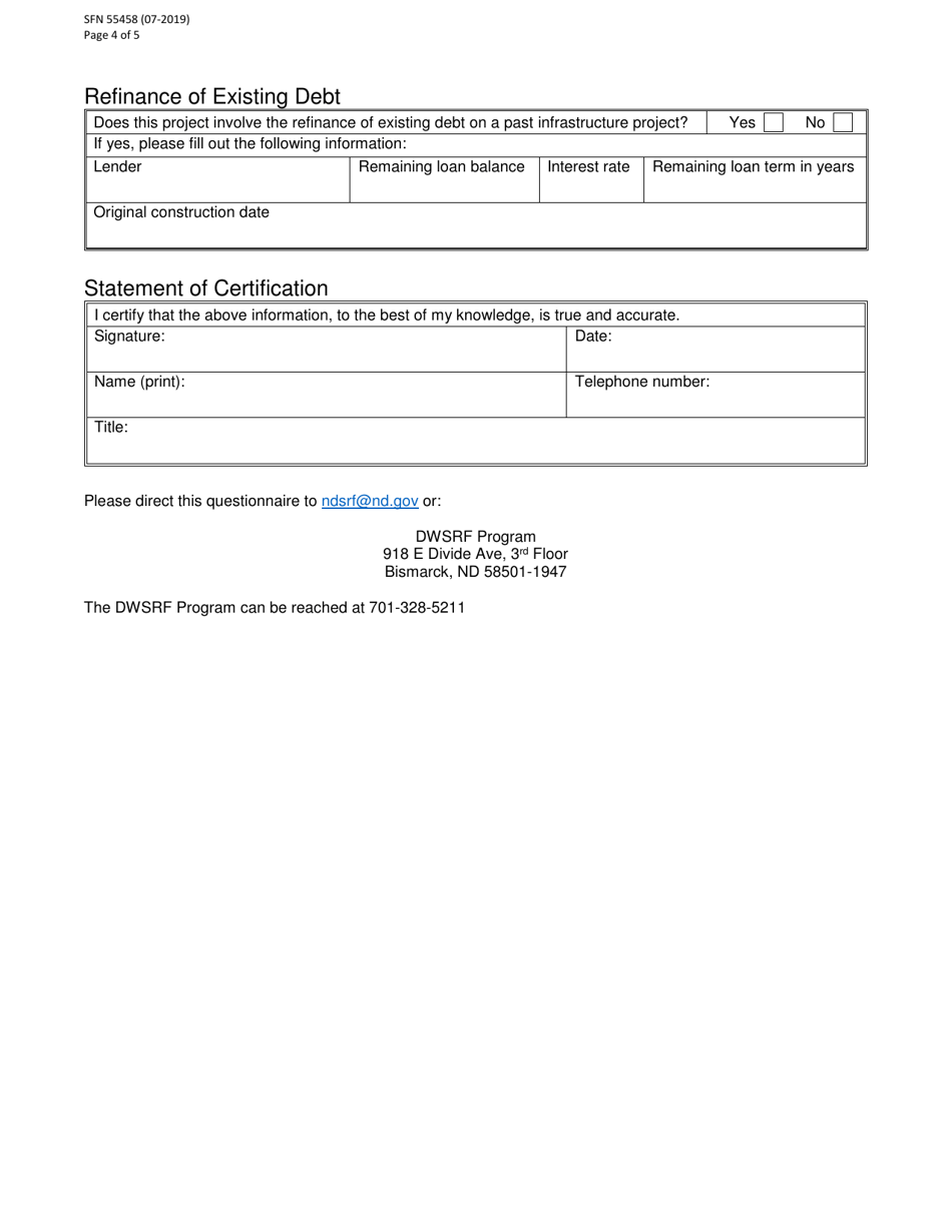 Form SFN54458 Questionnaire to Rank Projects for Potential Financial Assistance Through the Drinking Water State Revolving Fund (Dwsrf) Program - North Dakota, Page 4