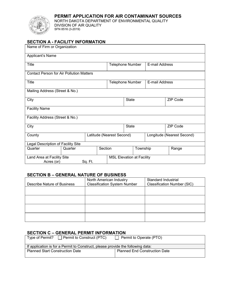 Form SFN8516 Permit Application for Air Contaminant Sources - North Dakota, Page 1