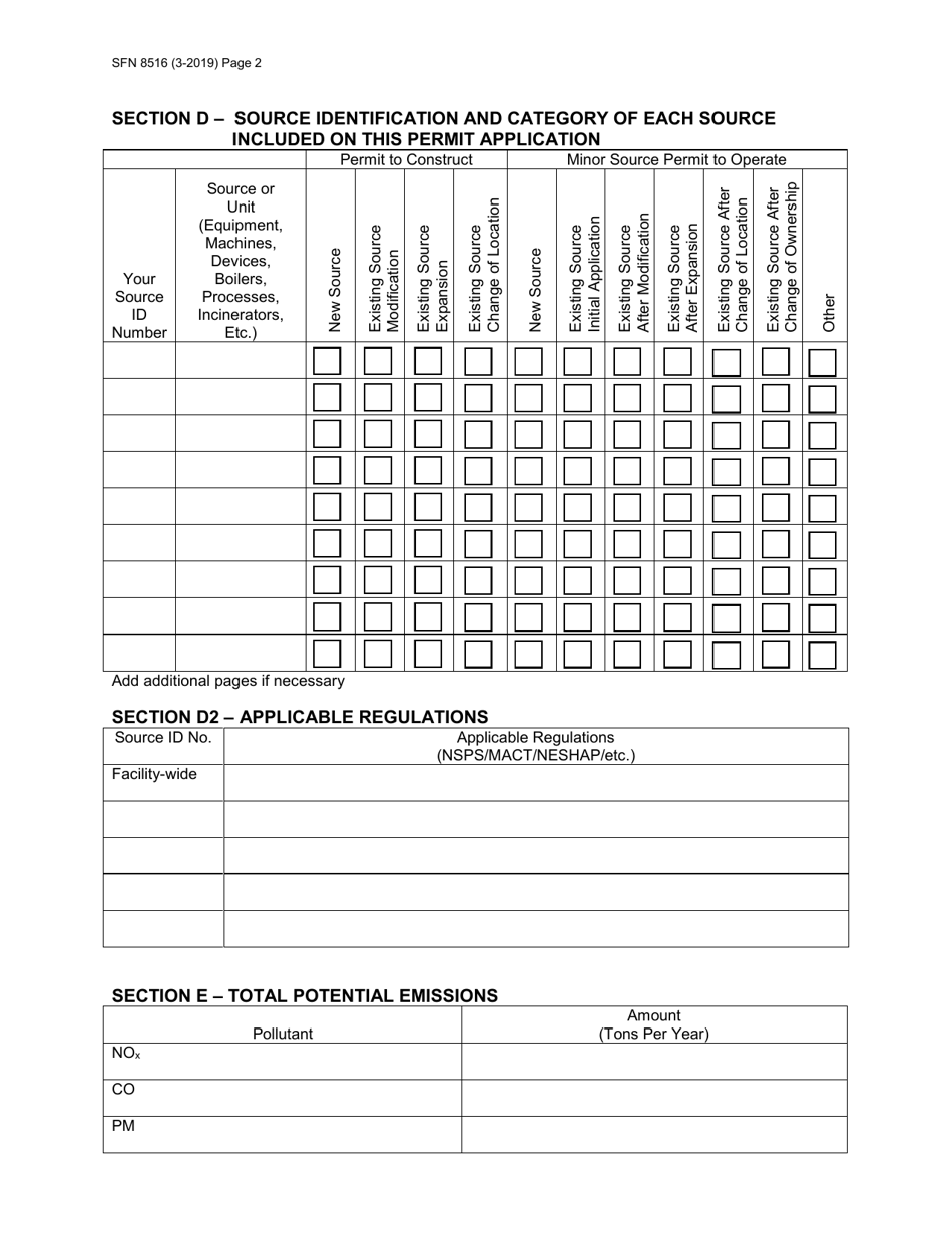 Form SFN8516 Permit Application for Air Contaminant Sources - North Dakota, Page 2