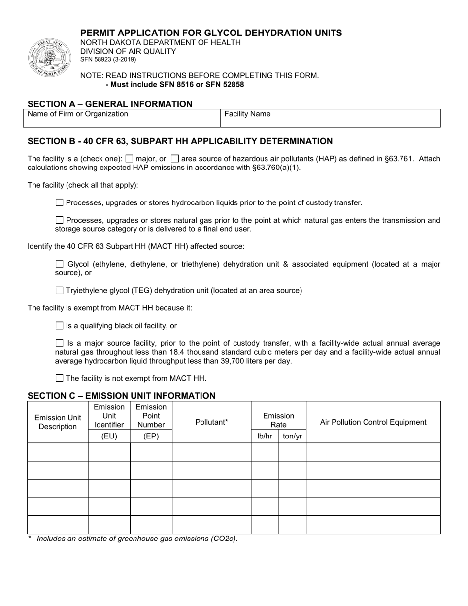 Form SFN58923 Permit Application for Glycol Dehydration Units - North Dakota, Page 1