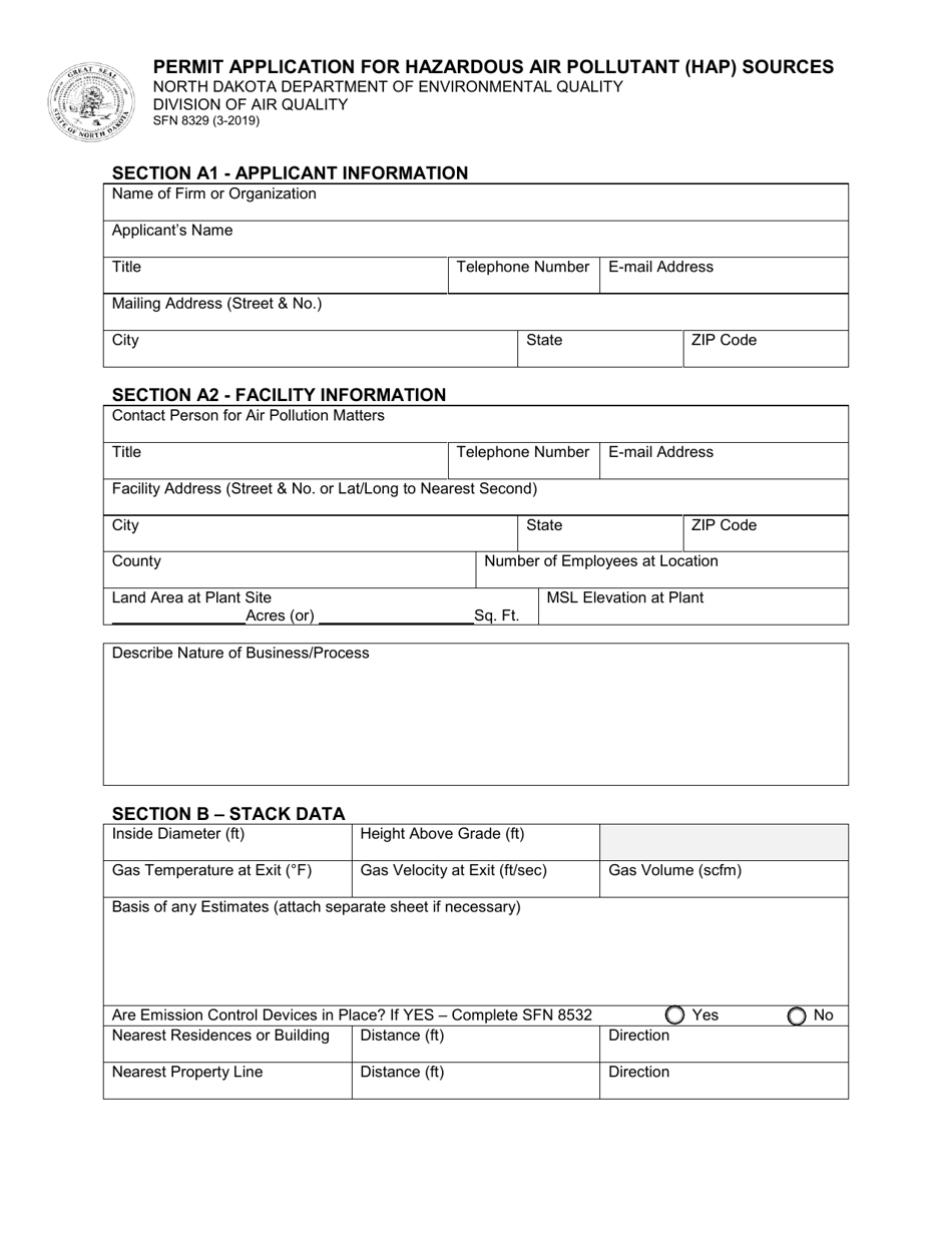 Form SFN8329 Permit Application for Hazardous Air Pollutant (Hap) Sources - North Dakota, Page 1