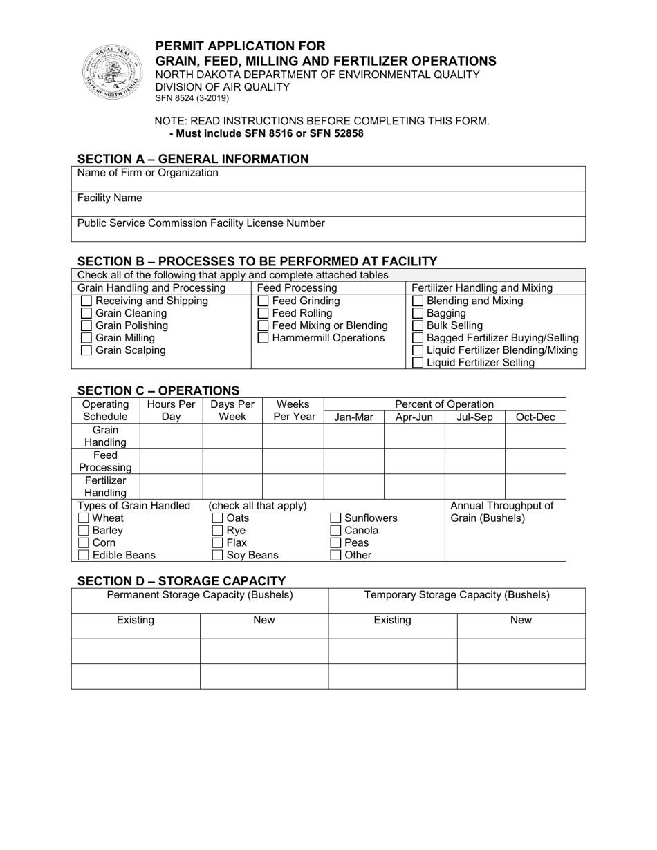 Form SFN8524 Permit Application for Grain, Feed, Milling and Fertilizer Operations - North Dakota, Page 1