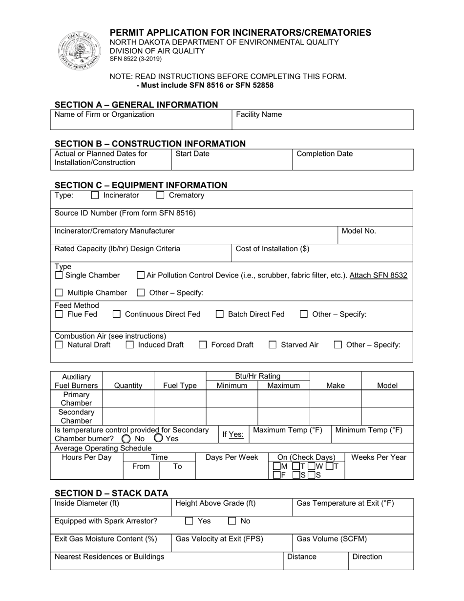 Form SFN8522 Permit Application for Incinerators / Crematories - North Dakota, Page 1