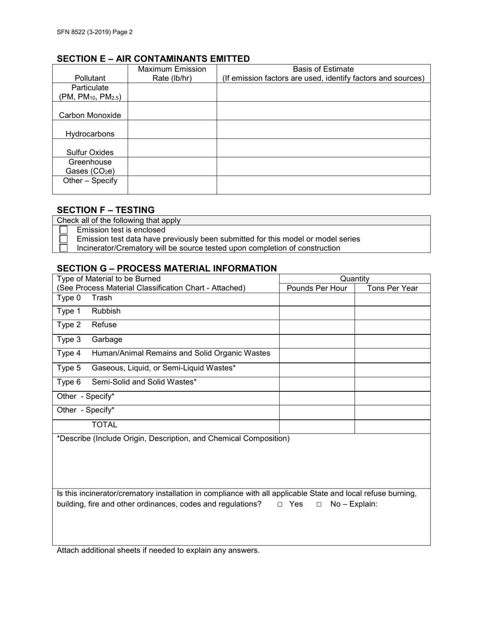 Form SFN8522 Permit Application for Incinerators / Crematories - North Dakota, Page 2