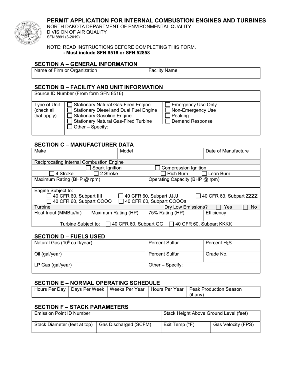 Form SFN8891 Permit Application for Internal Combustion Engines and Turbines - North Dakota, Page 1