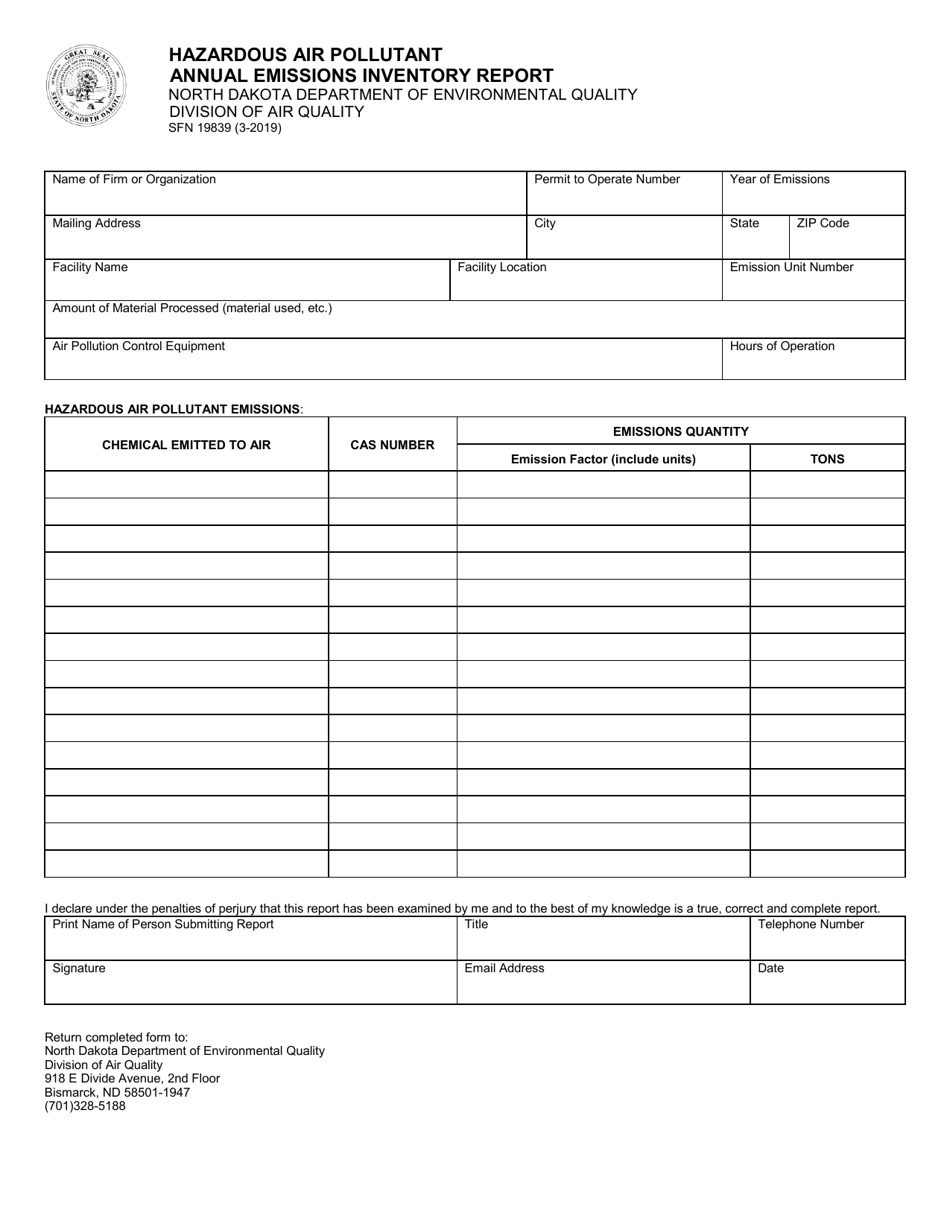 Form SFN19839 Hazardous Air Pollutant Annual Emissions Inventory Report - North Dakota, Page 1
