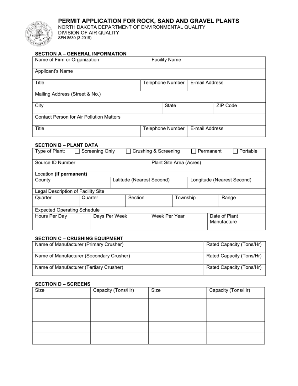 Form SFN8530 Permit Application for Rock, Sand and Gravel Plants - North Dakota, Page 1