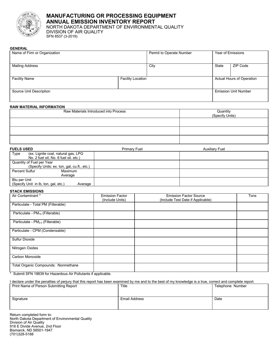 Form SFN8537 Manufacturing or Processing Equipment Annual Emission Inventory Report - North Dakota, Page 1