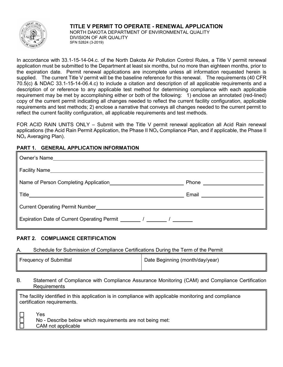 Form SFN52824 Title V Permit to Operate - Renewal Application - North Dakota, Page 1