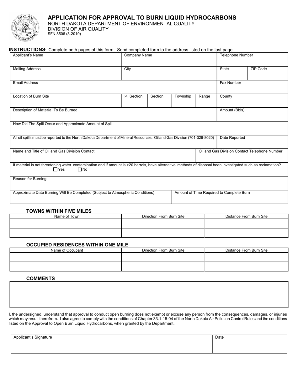 Form SFN8506 Application for Approval to Burn Liquid Hydrocarbons - North Dakota, Page 1