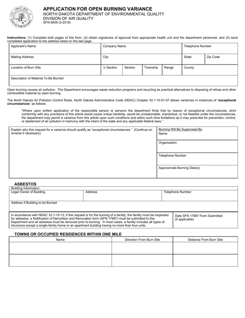 Form SFN8509 Application for Open Burning Variance - North Dakota