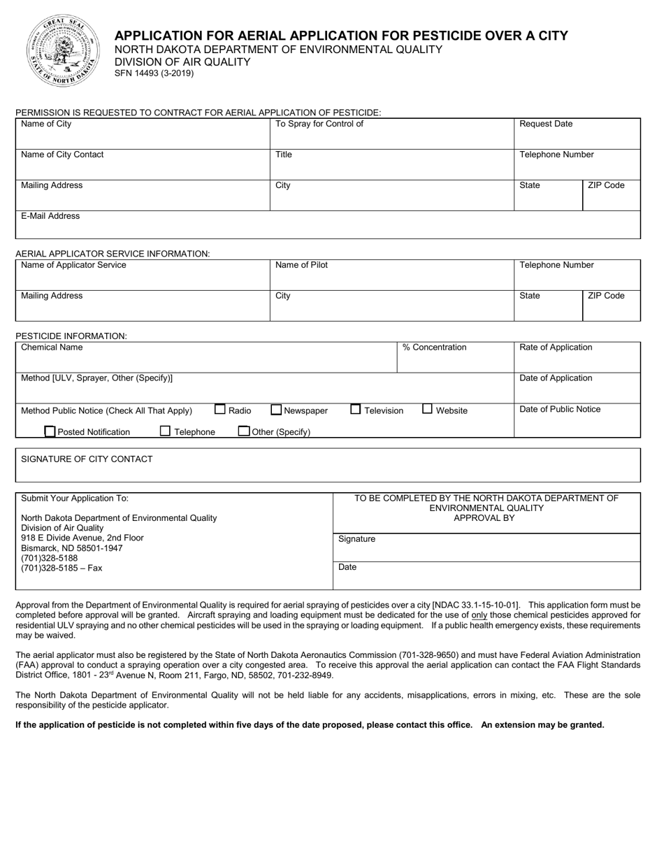 Form SFN14493 Application for Aerial Application for Pesticide Over a City - North Dakota, Page 1