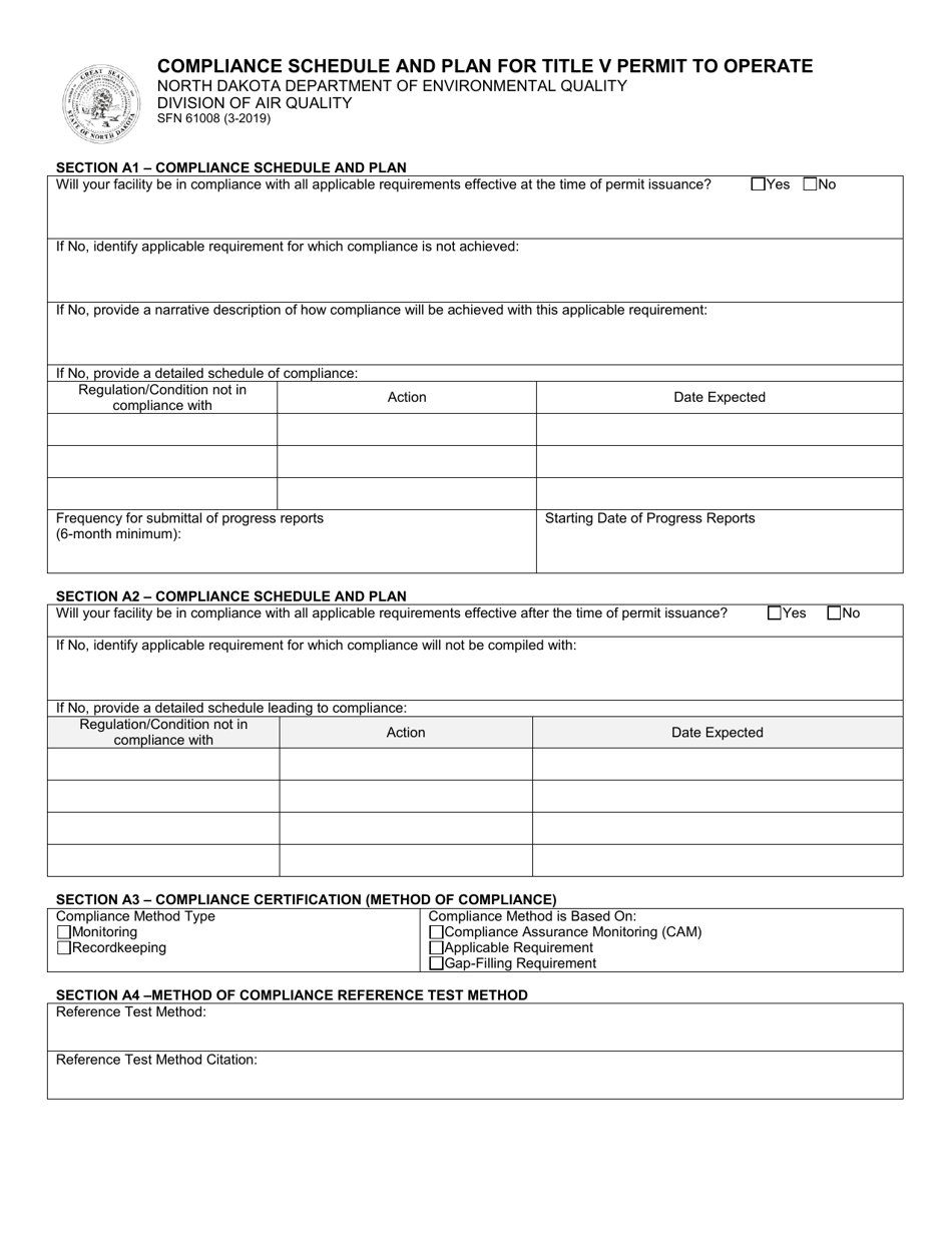 Form SFN61008 Compliance Schedule and Plan for Title V Permit to Operate - North Dakota, Page 1