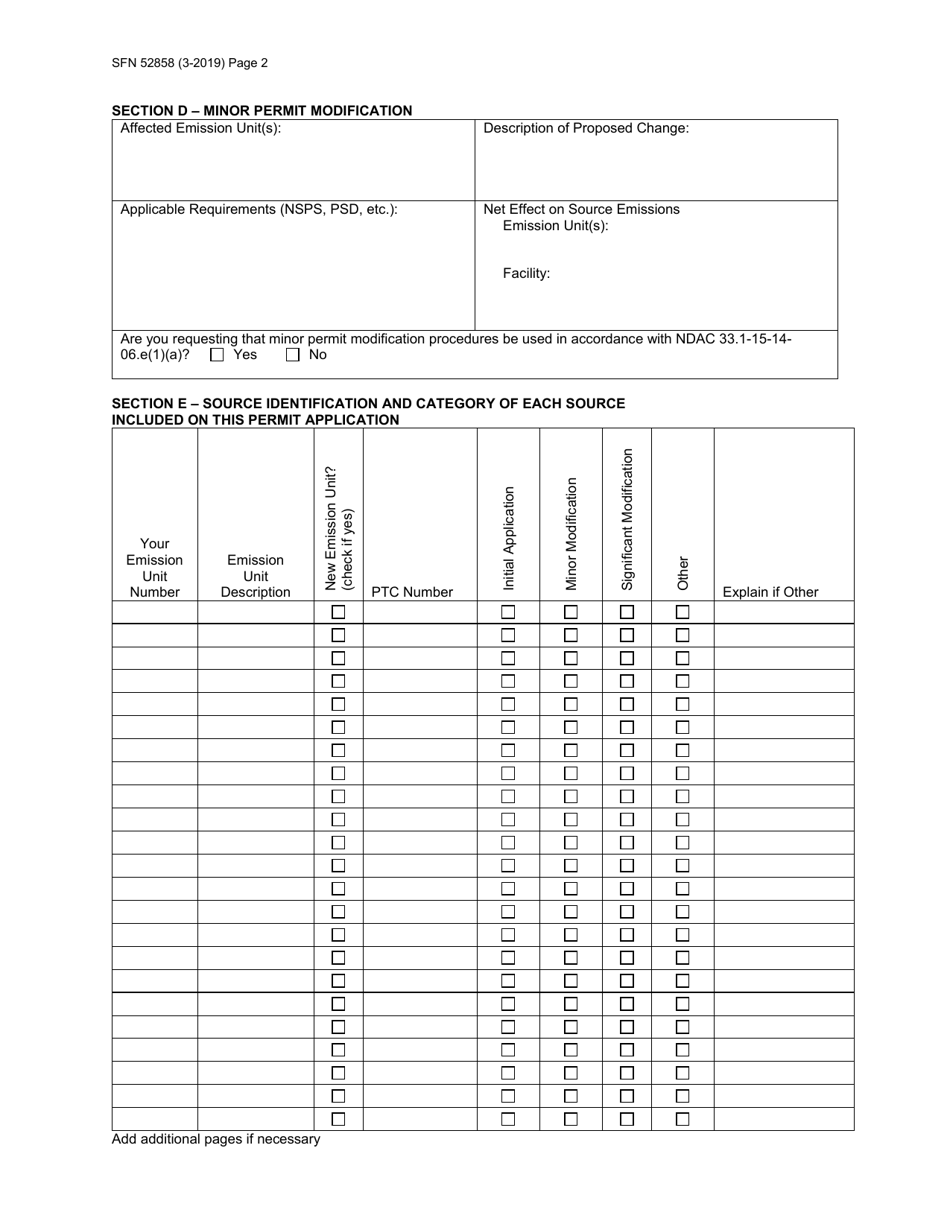 Form SFN52858 Permit Application for Title V Permit to Operate - North Dakota, Page 2