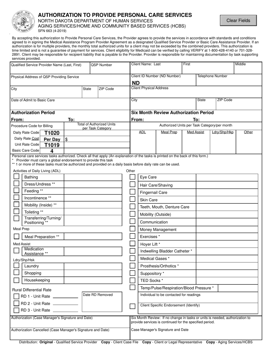 Form SFN663 Authorization to Provide Personal Care Services - North Dakota, Page 1