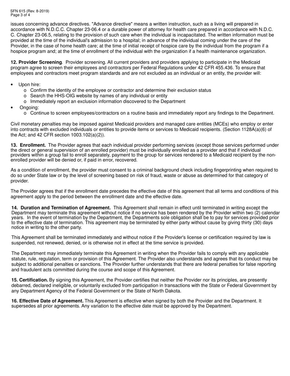 Form SFN615 Medicaid Program Provider Agreement - North Dakota, Page 3