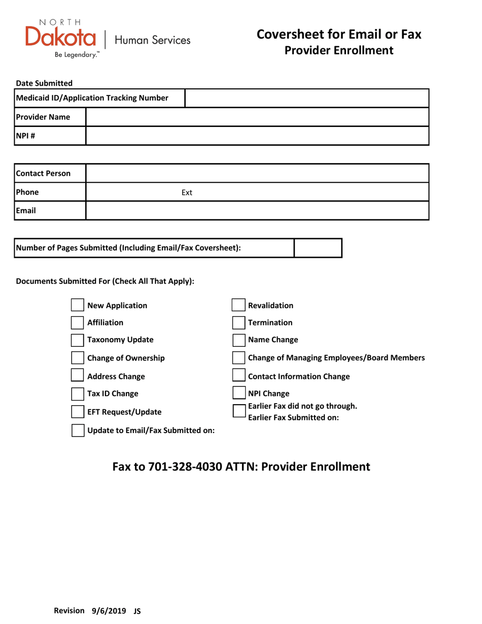 Coversheet for Email or Fax Provider Enrollment - North Dakota, Page 1