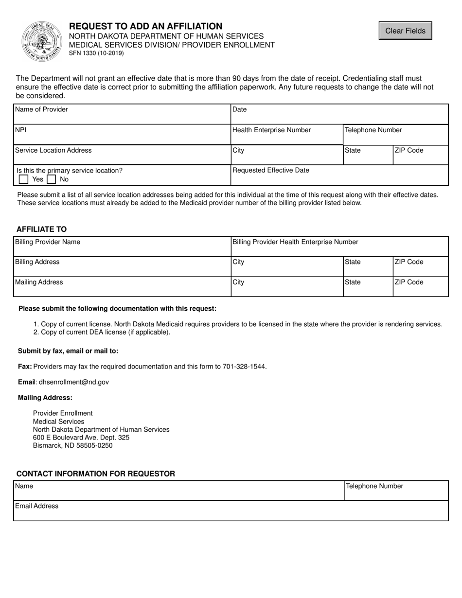 Form SFN1330 Request to Add an Affiliation - North Dakota, Page 1