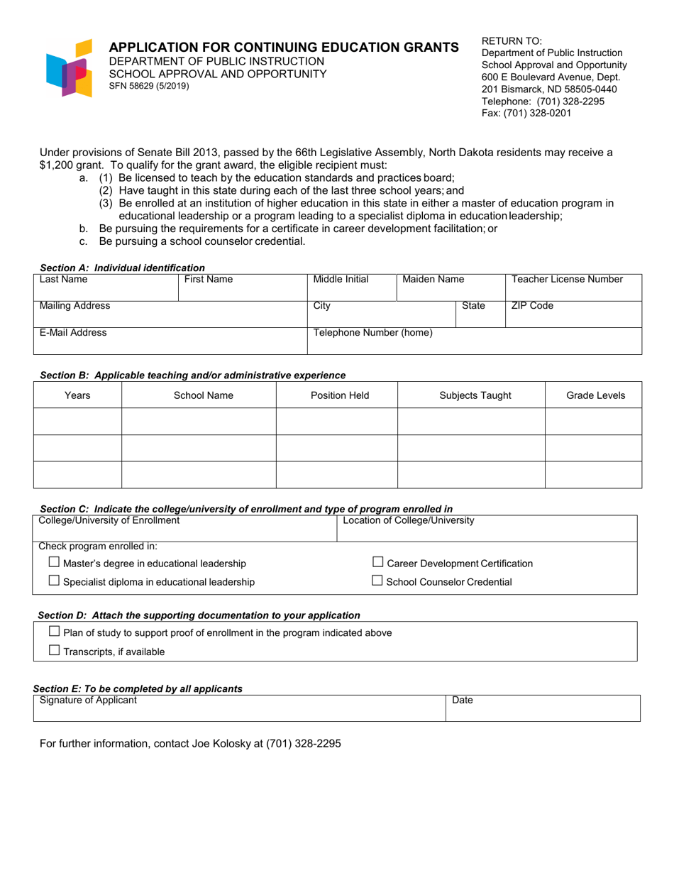 Form SFN58629 Application for Continuing Education Grants - North Dakota, Page 1