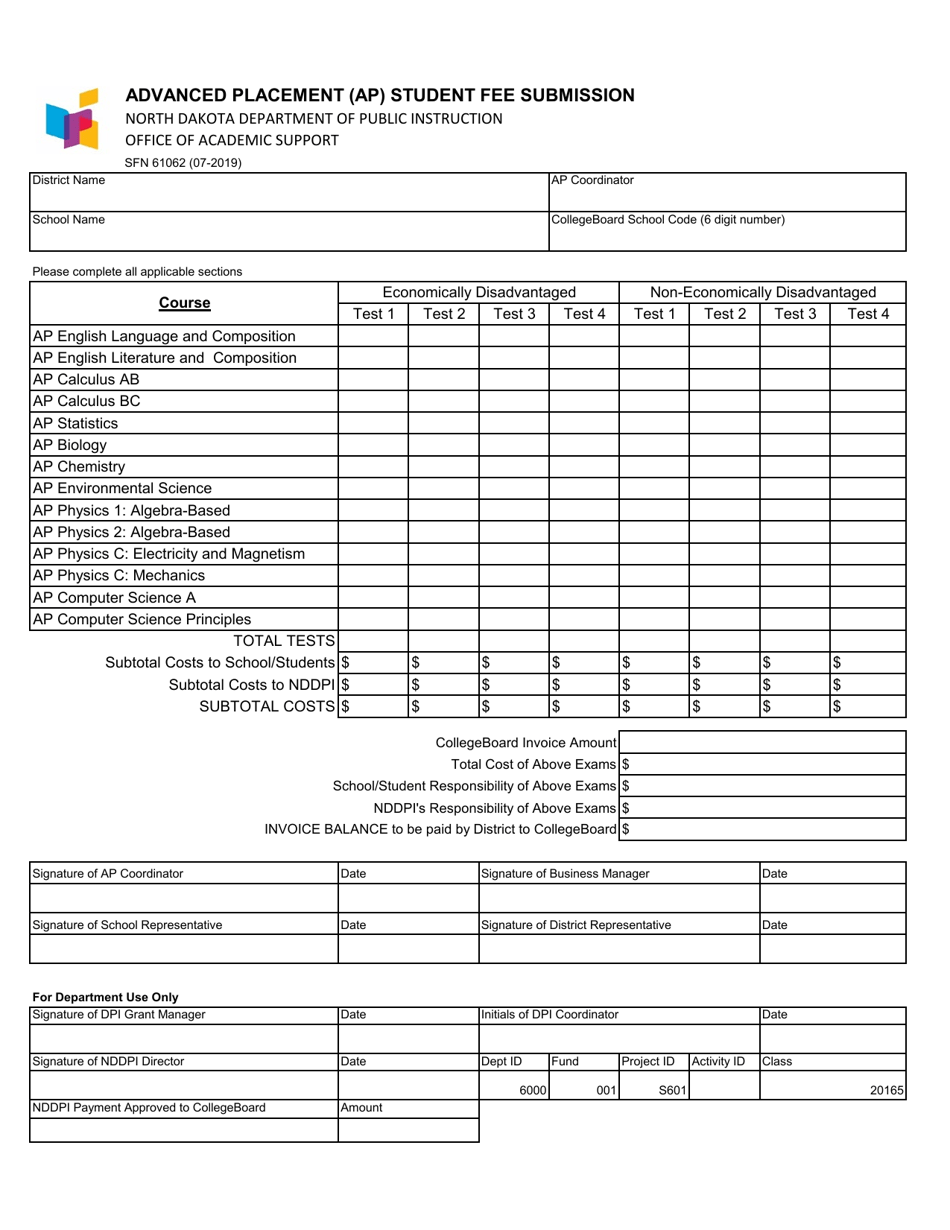 Form SFN61062 Advanced Placement (Ap) Student Fee Submission - North Dakota, Page 1