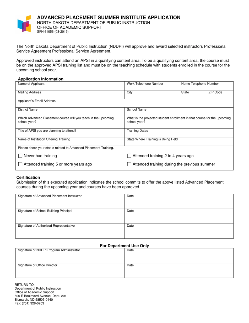 Form SFN61056 Advanced Placement Summer Institute Application - North Dakota, Page 1