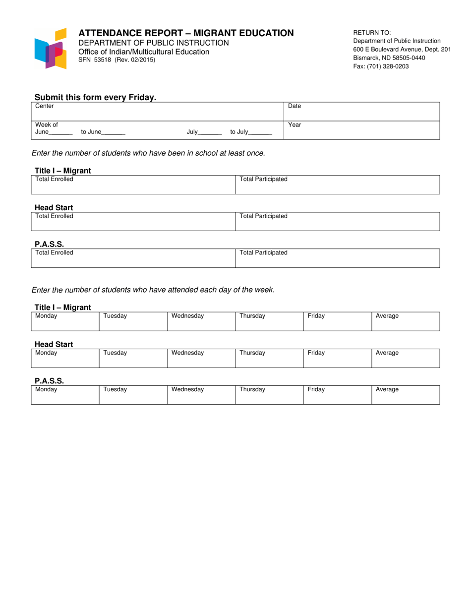 Form SFN53518 Attendance Report - Migrant Education - North Dakota, Page 1