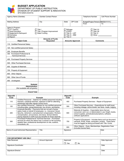 Form SFN52929 Budget Application - North Dakota