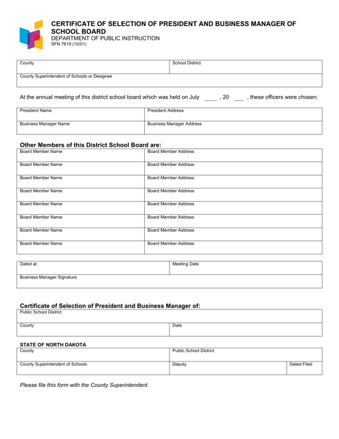Form SFN7619 Certificate of Selection of President and Business Manager of School Board - North Dakota