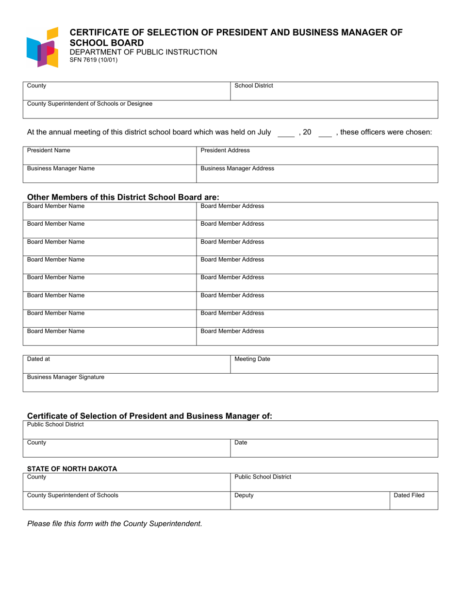Form SFN7619 Certificate of Selection of President and Business Manager of School Board - North Dakota, Page 1