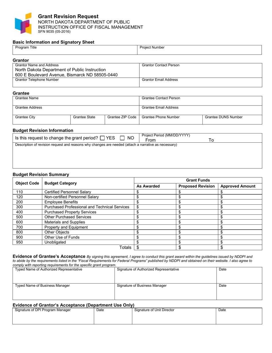 Form SFN9035 Grant Revision Request - North Dakota, Page 1