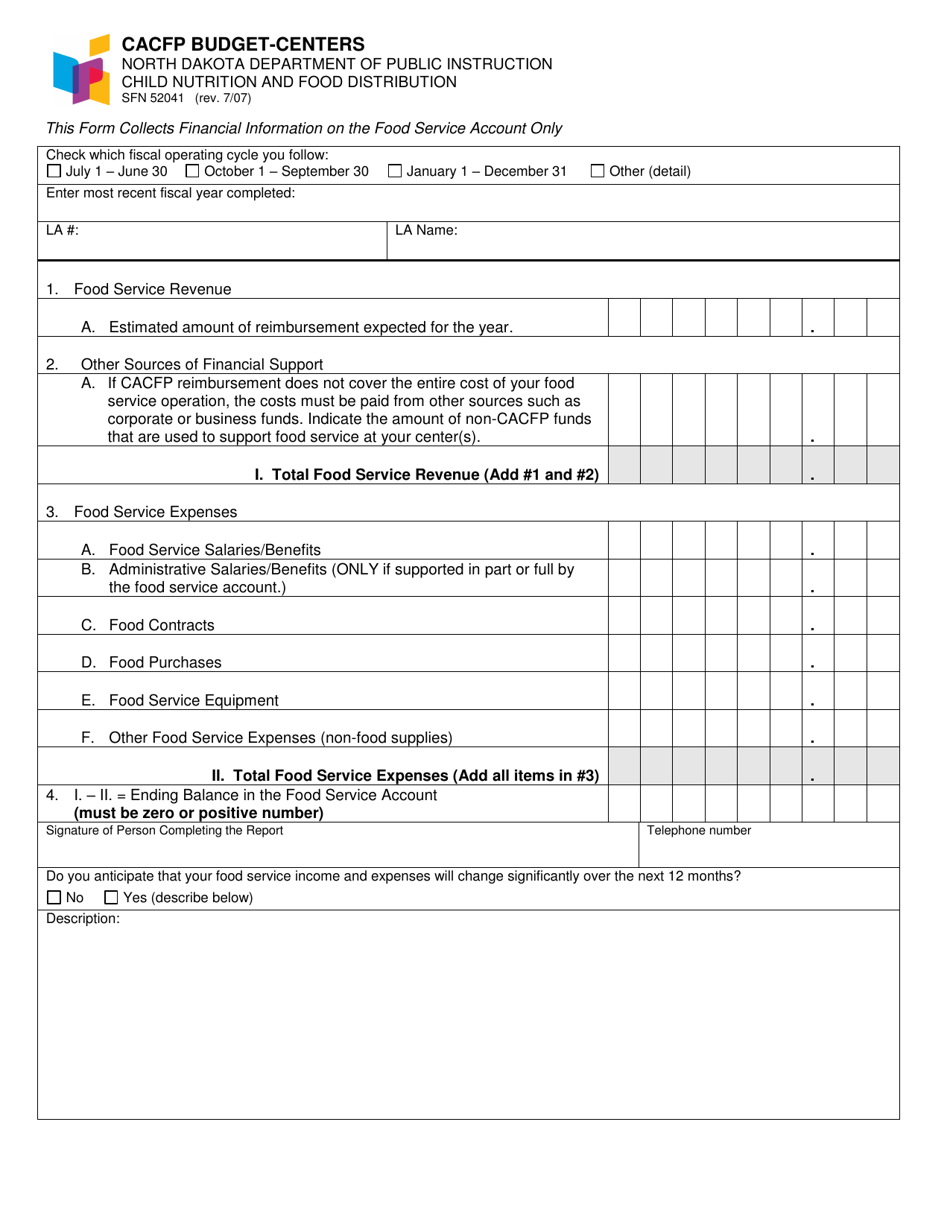 Form SFN52041 CACFP Budget - Centers - North Dakota, Page 1