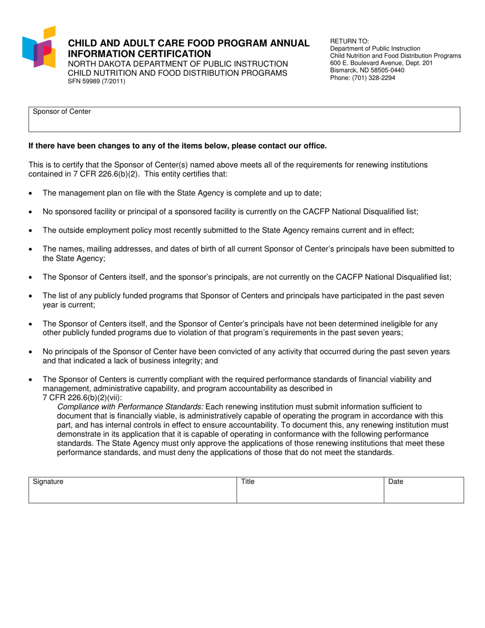 Form SFN59989 Fill Out, Sign Online and Download Fillable PDF, North