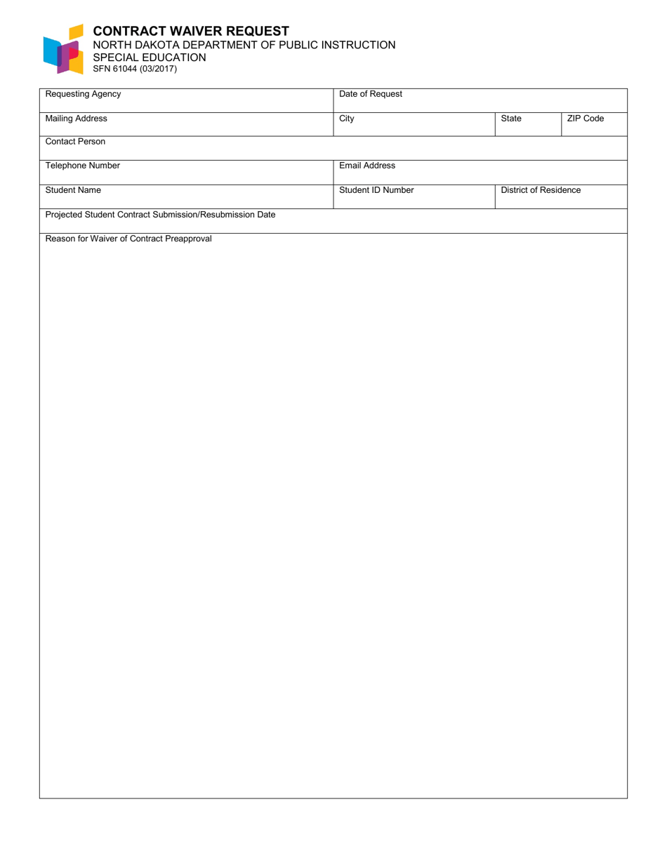 Form SFN61044 Contract Waiver Request - North Dakota, Page 1