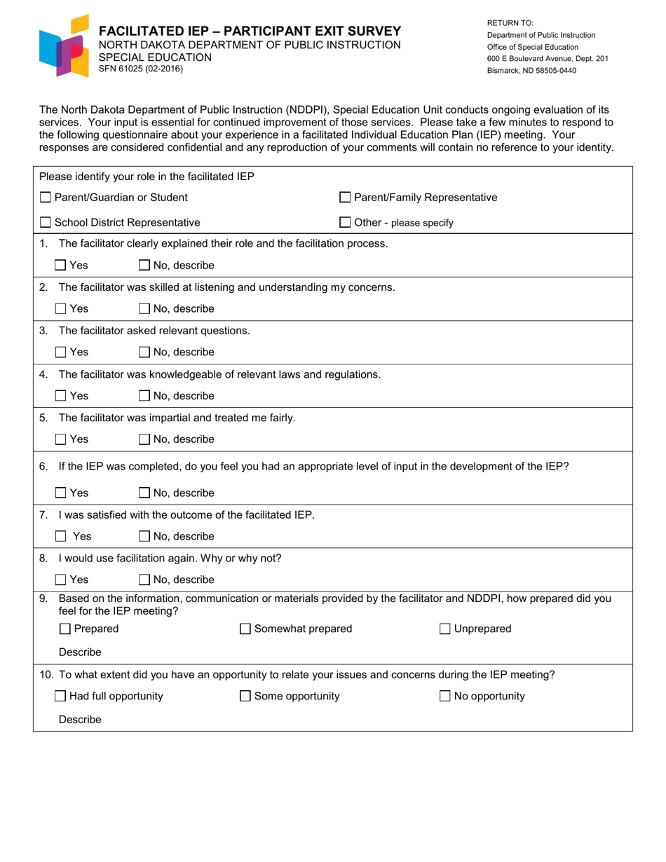 Form SFN61025 Facilitated Iep - Participant Exit Survey - North Dakota, Page 1