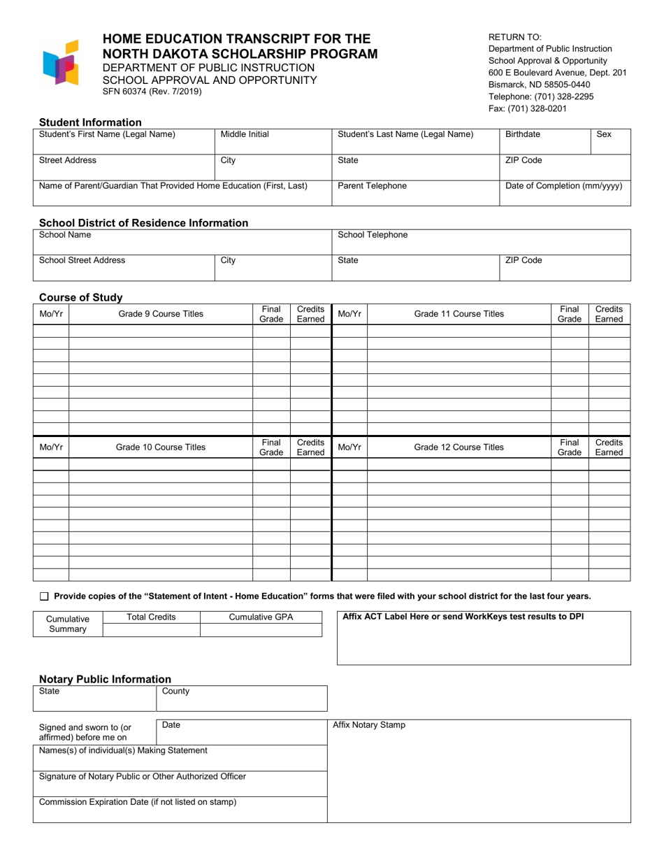 Form SFN60374 Home Education Transcript for the North Dakota Scholarship Program - North Dakota, Page 1
