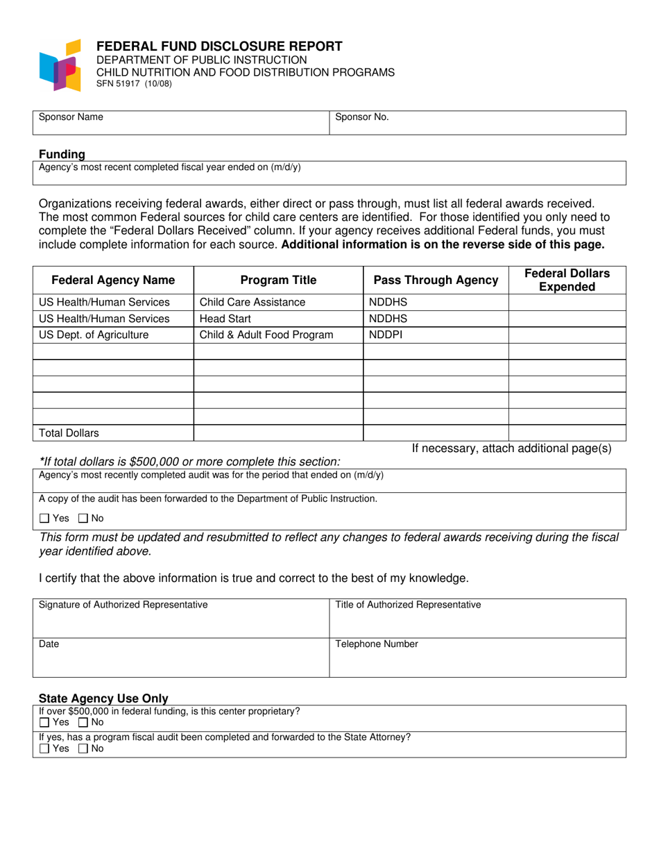 Form SFN51917 Federal Fund Disclosure Report - North Dakota, Page 1