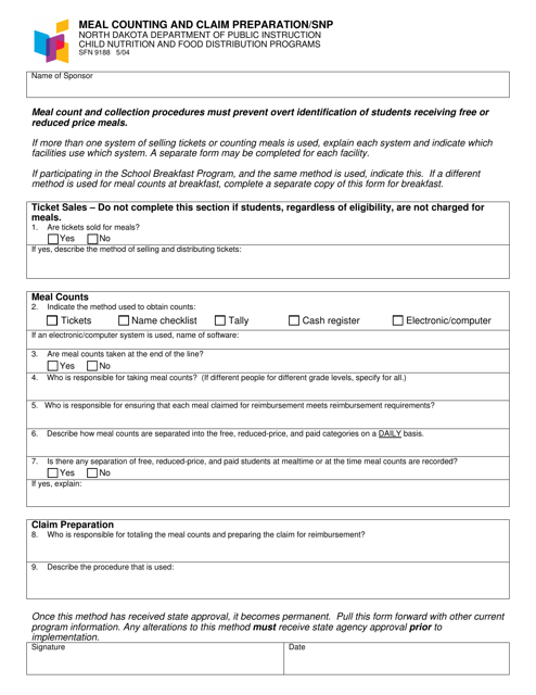 Form SFN9188 Meal Counting and Claim Preparation/Snp - North Dakota