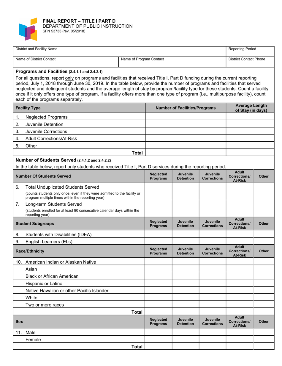 Form SFN53733 Final Report - Title I Part D - North Dakota, Page 1