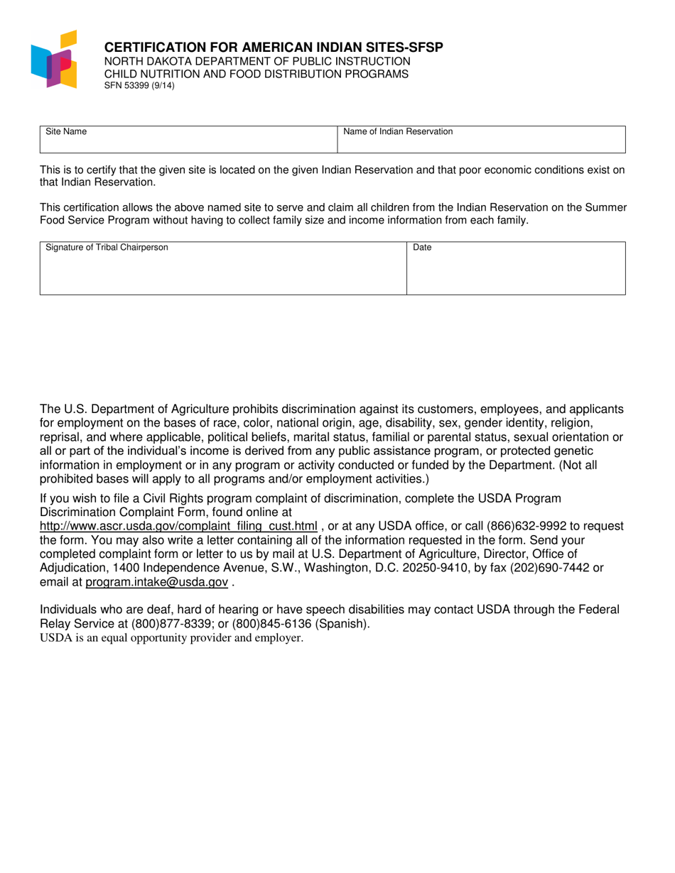 Form SFN53399 Certification for American Indian Sites - Sfsp - North Dakota, Page 1