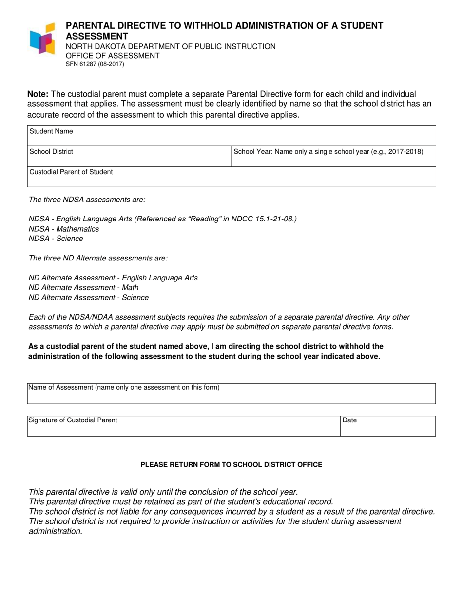 Form SFN61287 Parental Directive to Withhold Administration of a Student Assessment - North Dakota, Page 1