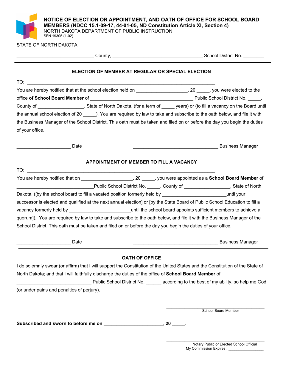 Form SFN19305 Notice of Election or Appointment, and Oath of Office for School Board Members - North Dakota, Page 1