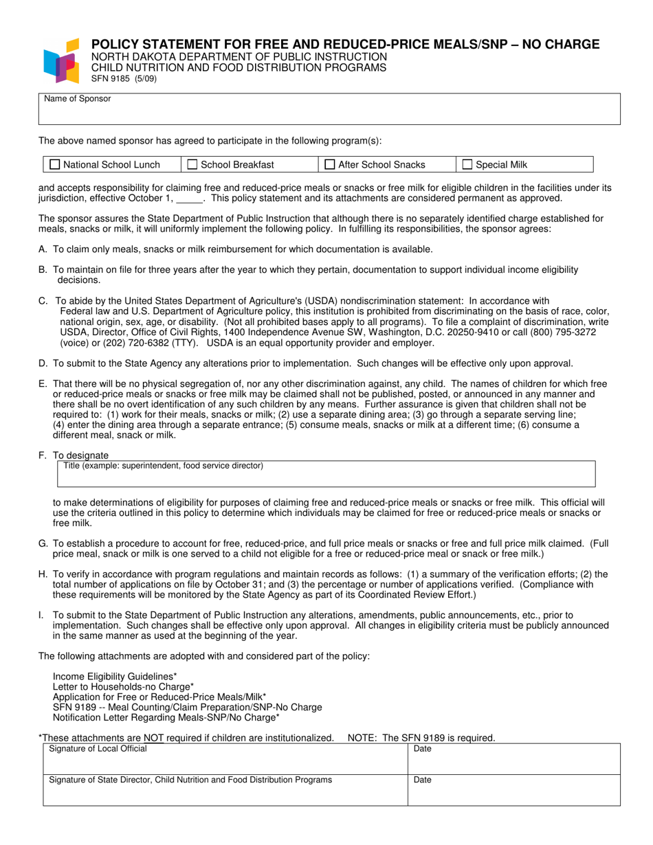 Form SFN9185 Policy Statement for Free and Reduced-Price Meals / Snp - No Charge - North Dakota, Page 1