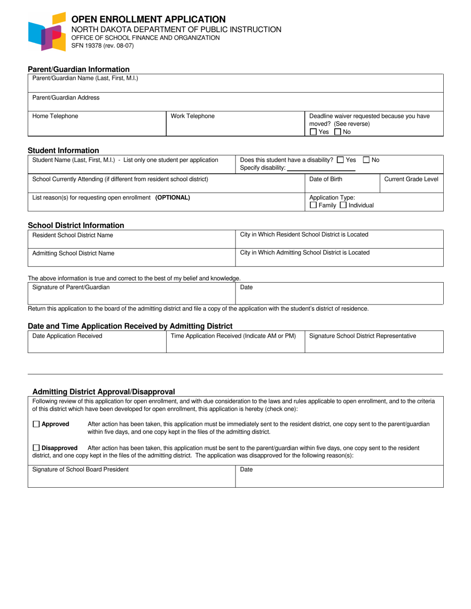 Form SFN19378 Open Enrollment Application - North Dakota, Page 1
