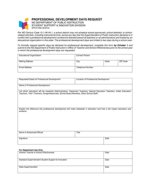 Form SFN61092 Professional Development Days Request - North Dakota