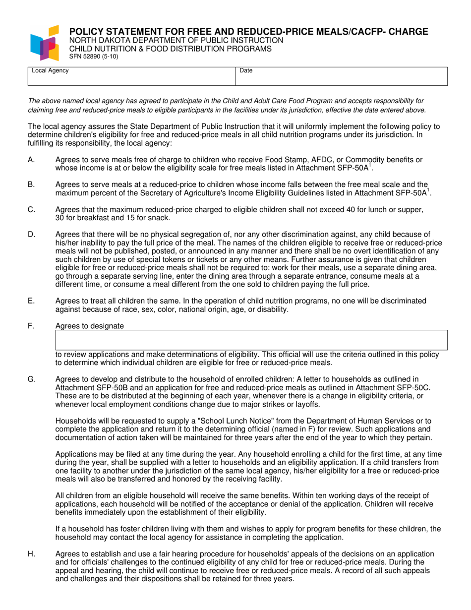 Form SFN52890 Policy Statement for Free and Reduced-Price Meals / CACFP - Charge - North Dakota, Page 1